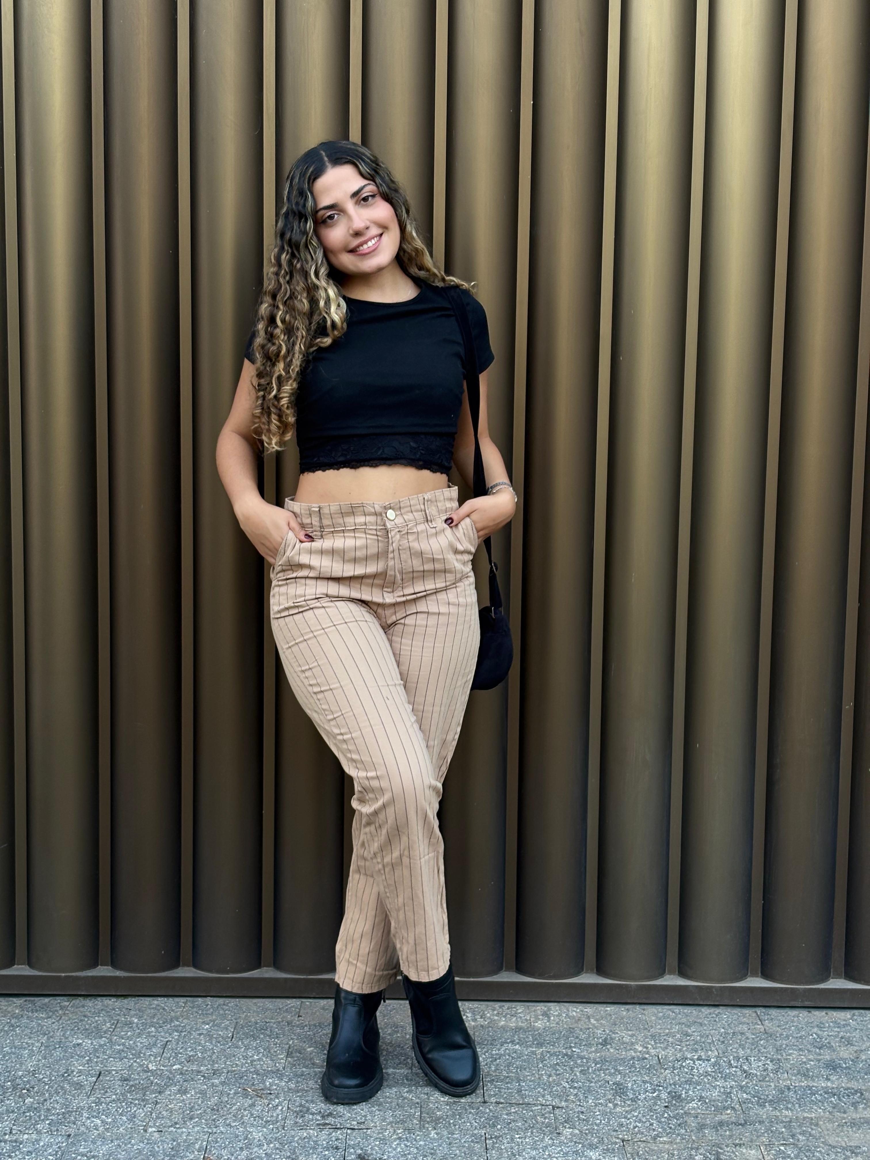 Calça beggy - Listrada Bege