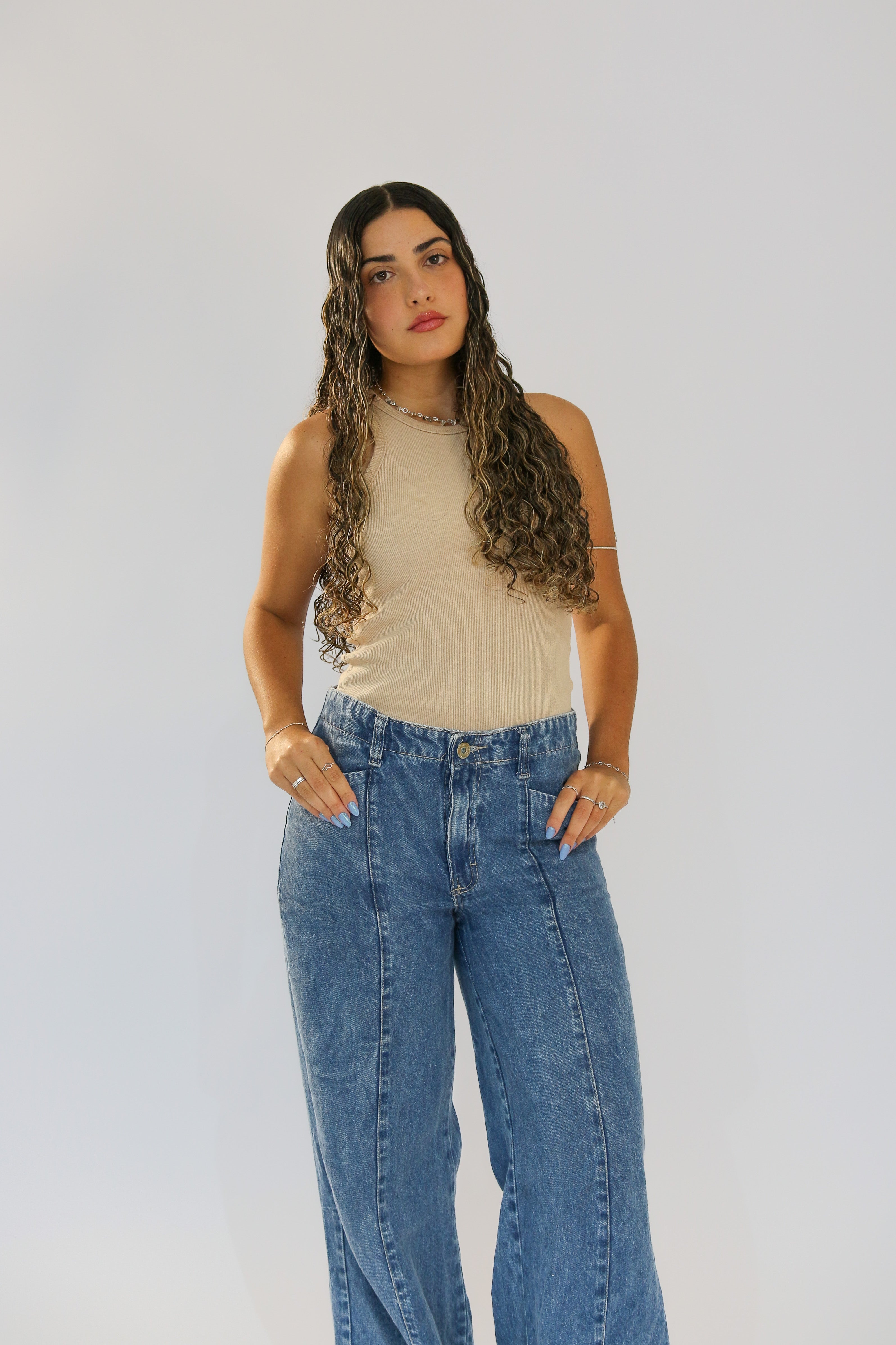 Calça Wide Leg Recorte Fronta Jeans Marmorizado