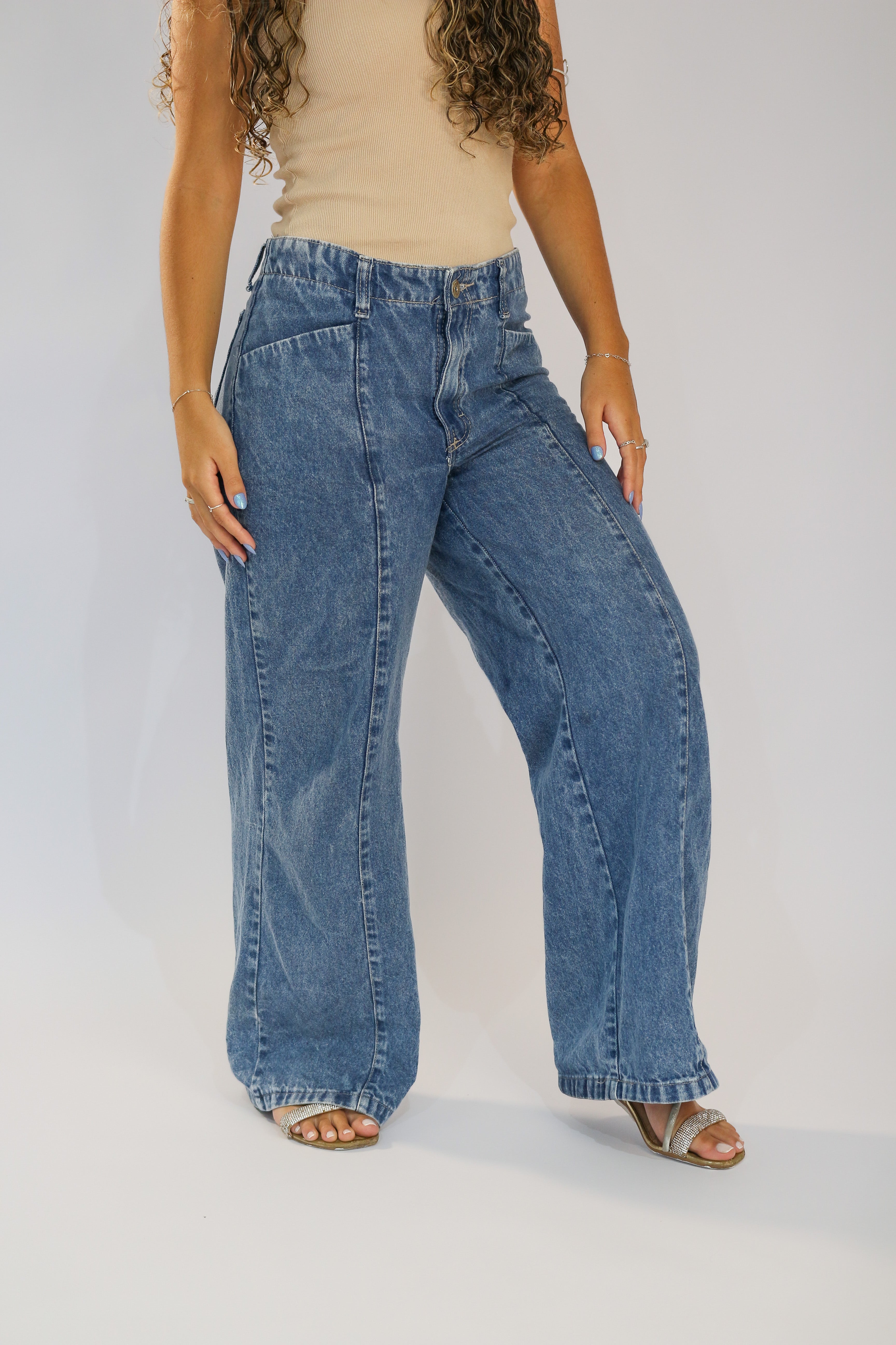 Calça Wide Leg Recorte Fronta Jeans Marmorizado