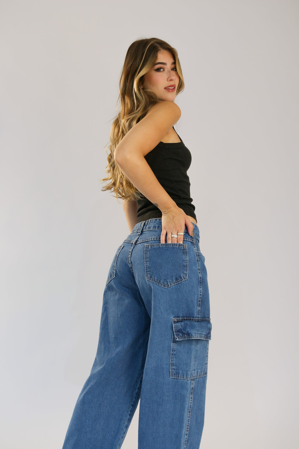 Calça Wide Leg Cargo Jeans Destroy