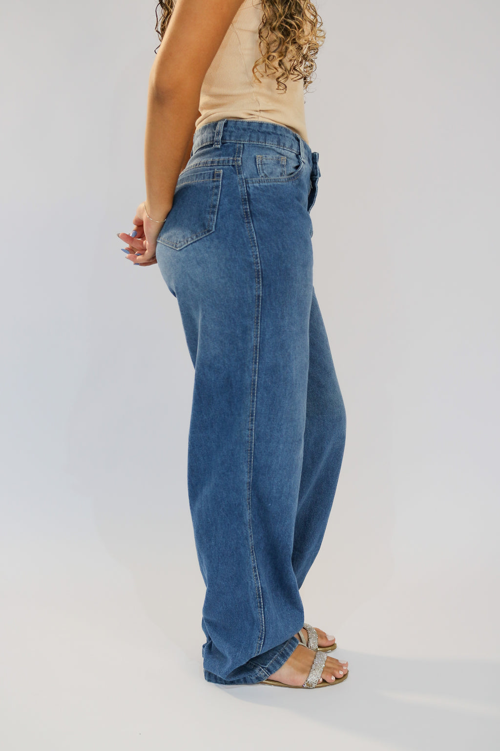 Calça Wide Leg Recorte Fronta Jeans Marmorizado