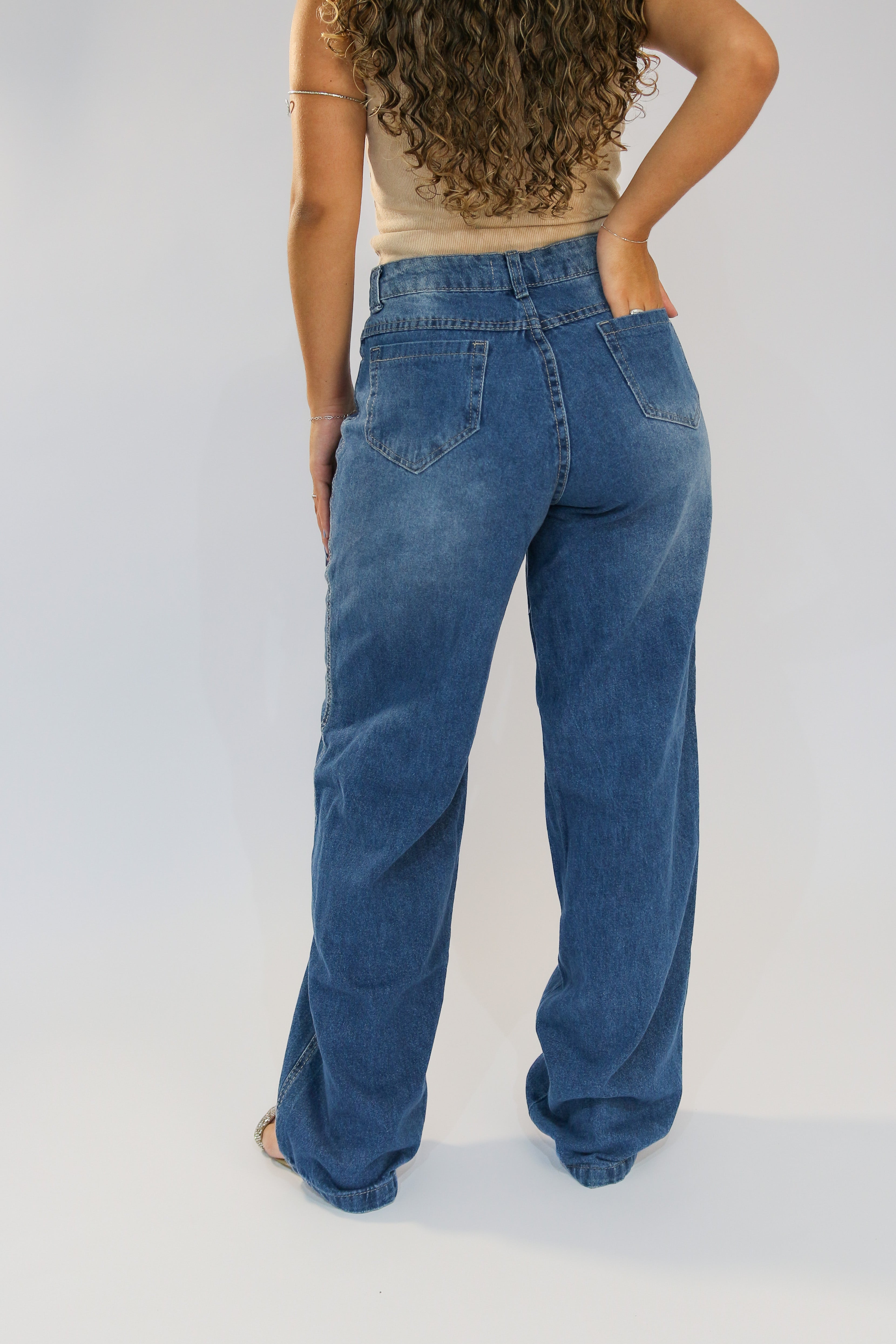 Calça Wide Leg Recorte Fronta Jeans Marmorizado