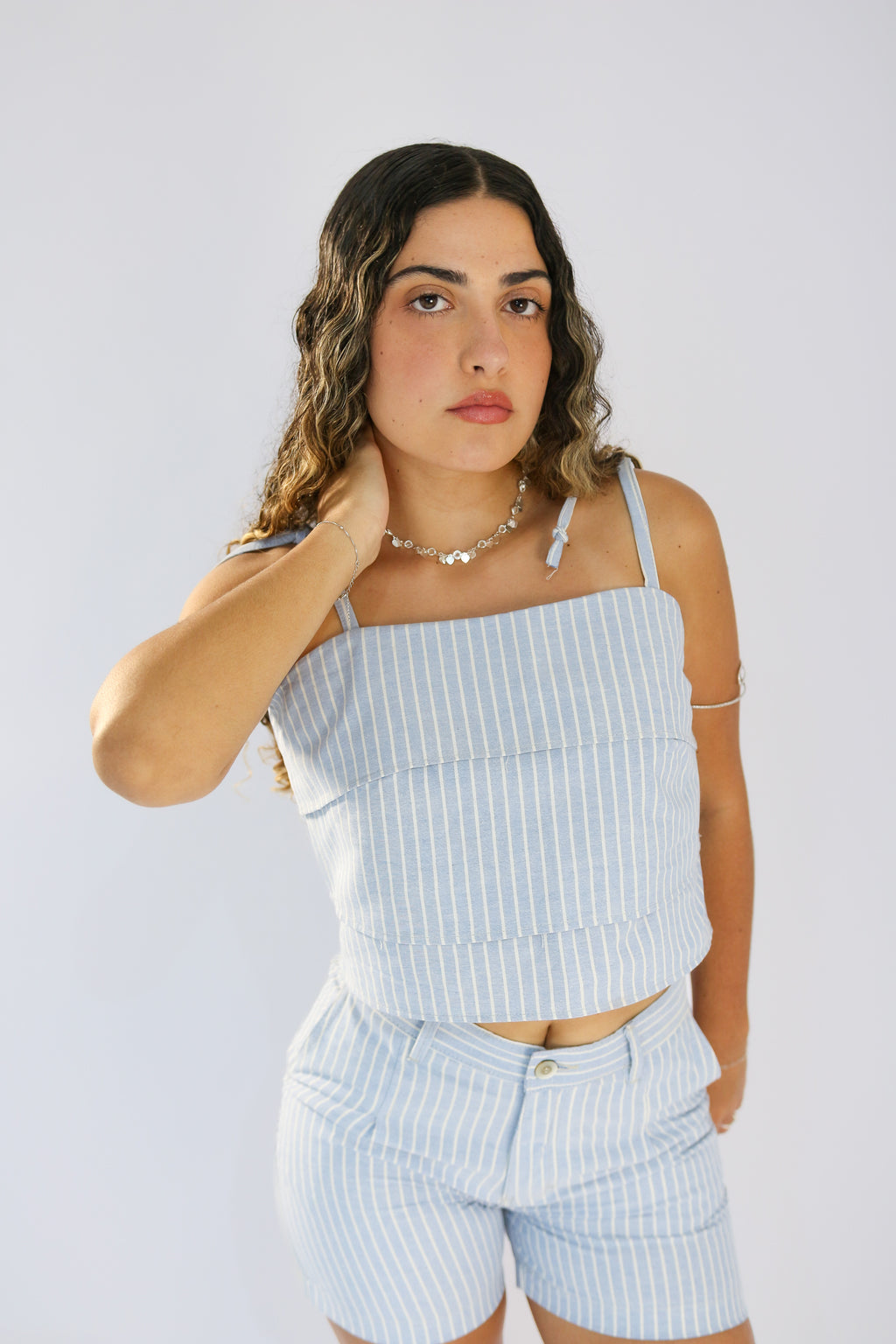Cropped Alfaiataria Azul com Branco