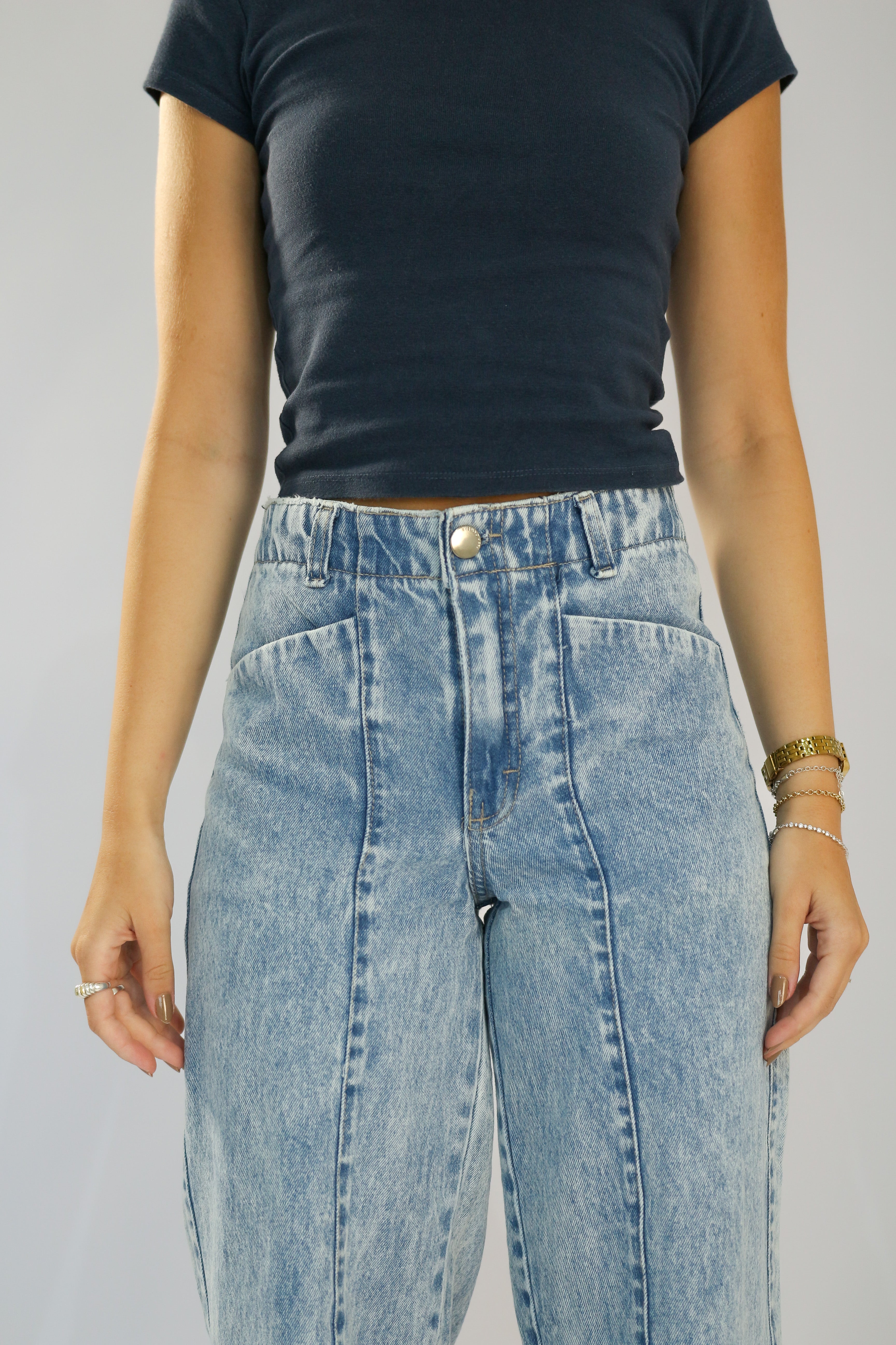 Calça Wide Leg Recorte Fronta Jeans Marmorizado Claro