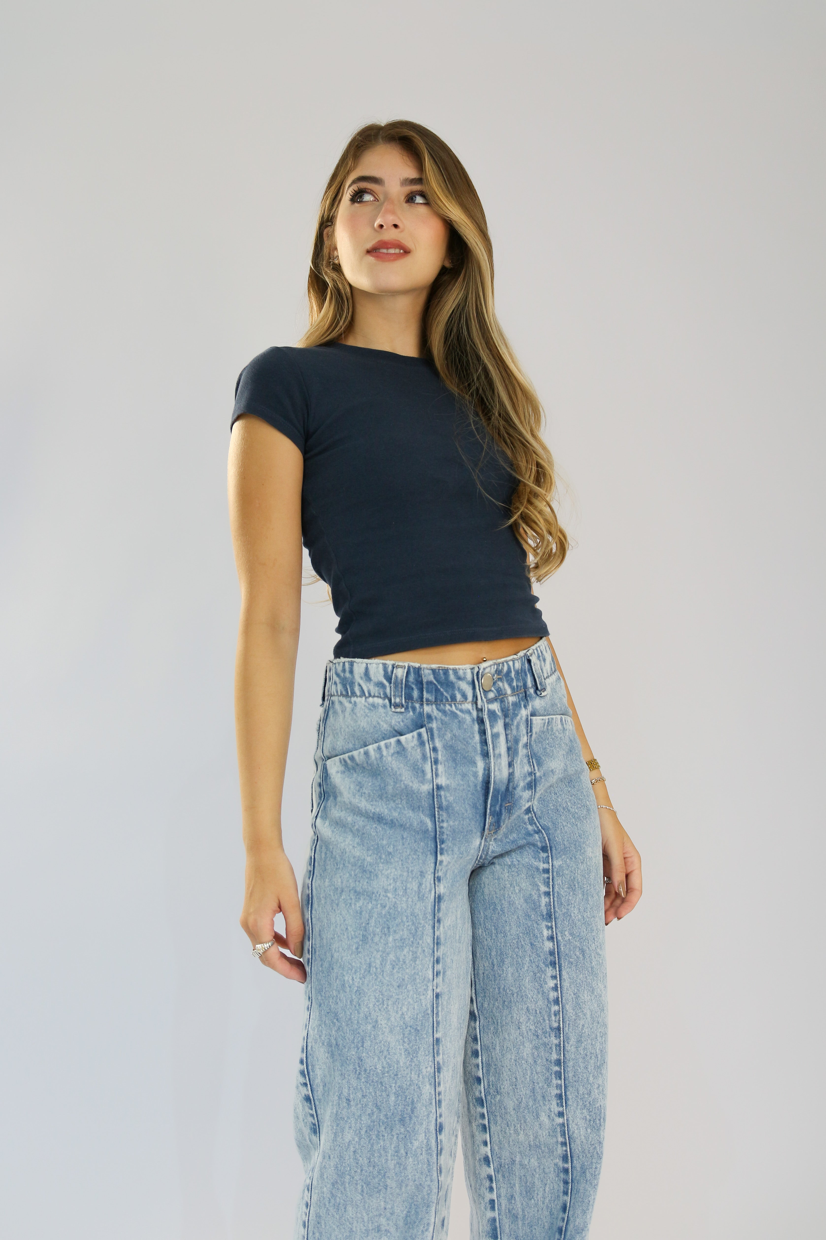 Calça Wide Leg Recorte Fronta Jeans Marmorizado Claro