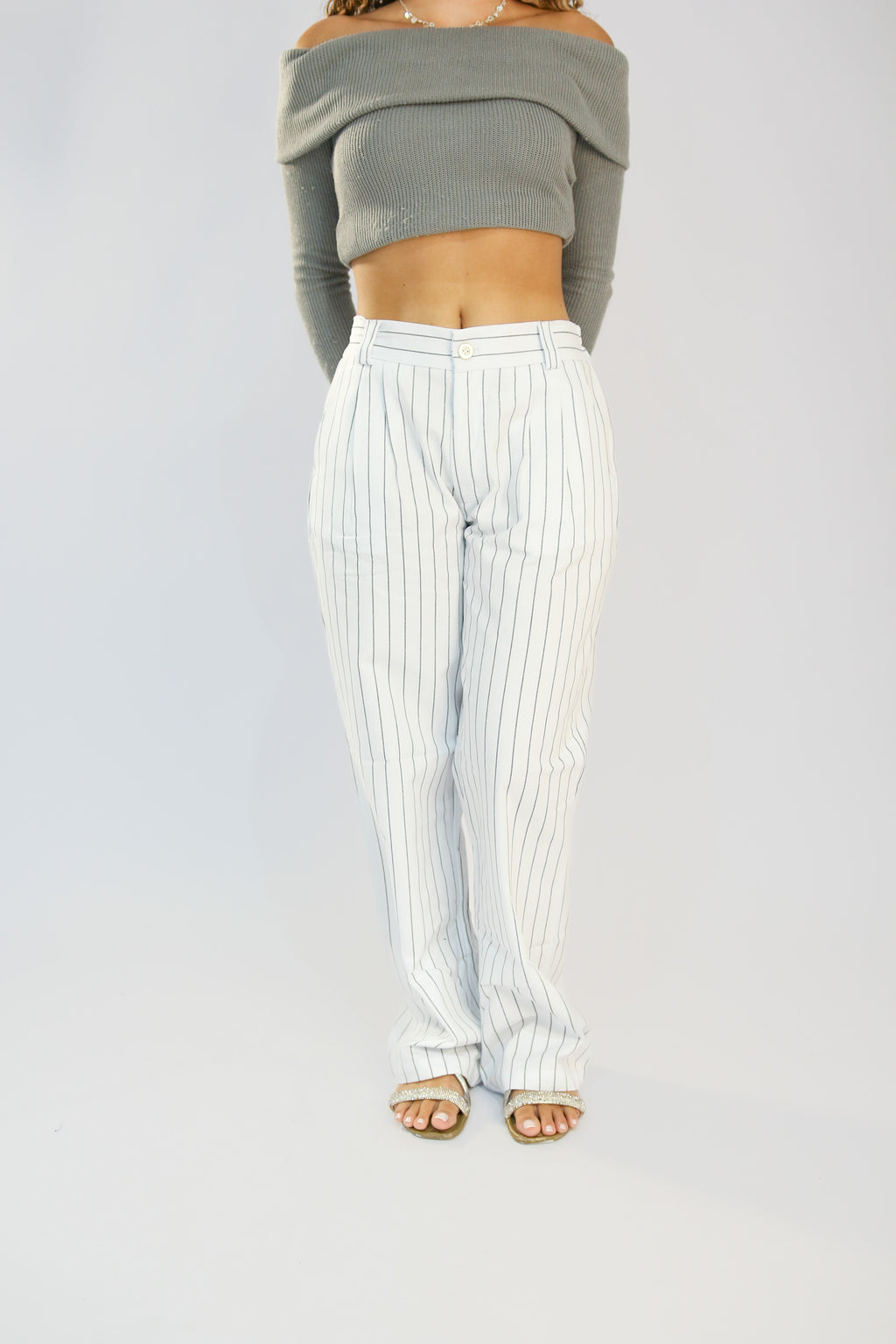 Calça Wide Leg Risca de Giz branca com Elástico