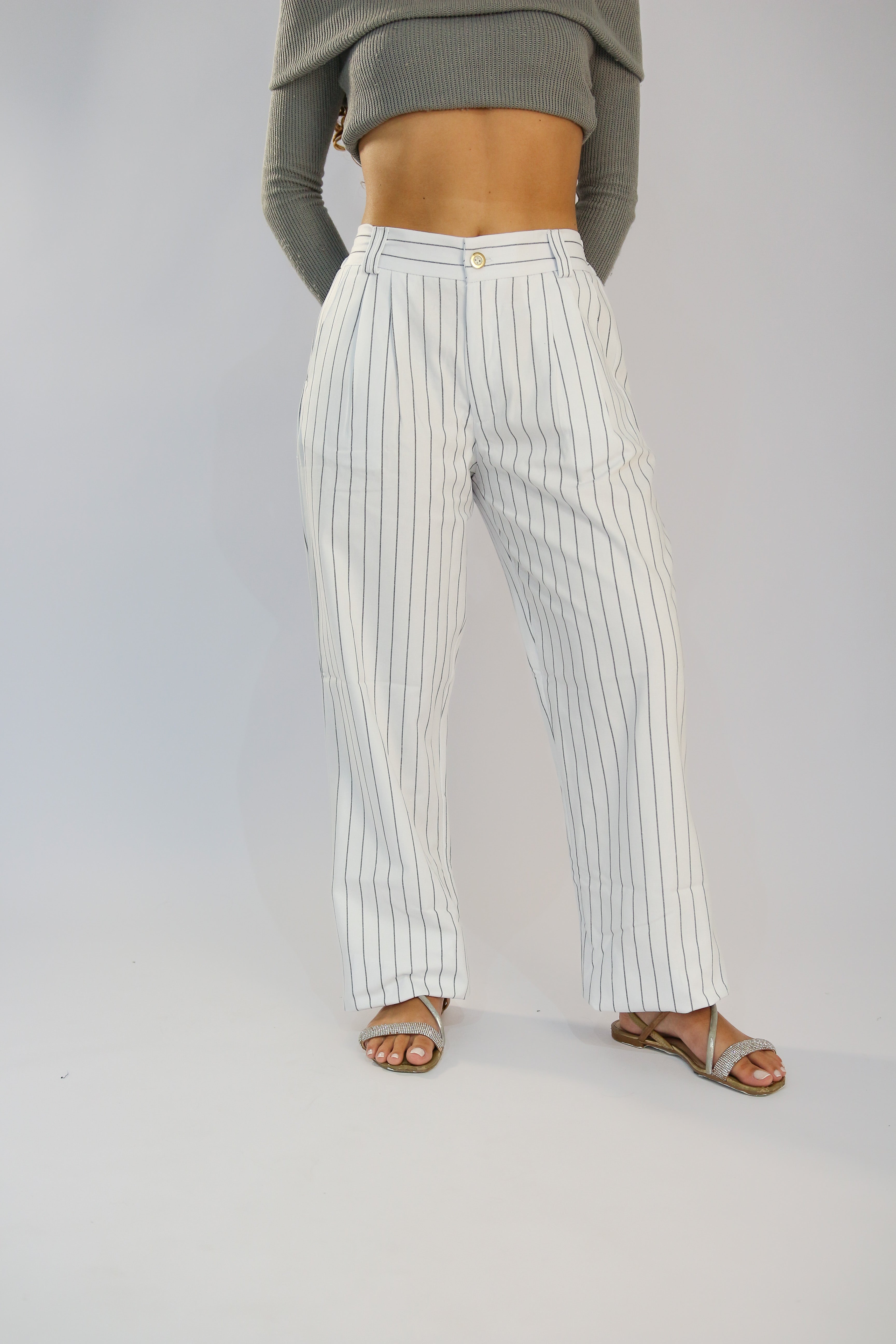 Calça Wide Leg Risca de Giz branca com Elástico