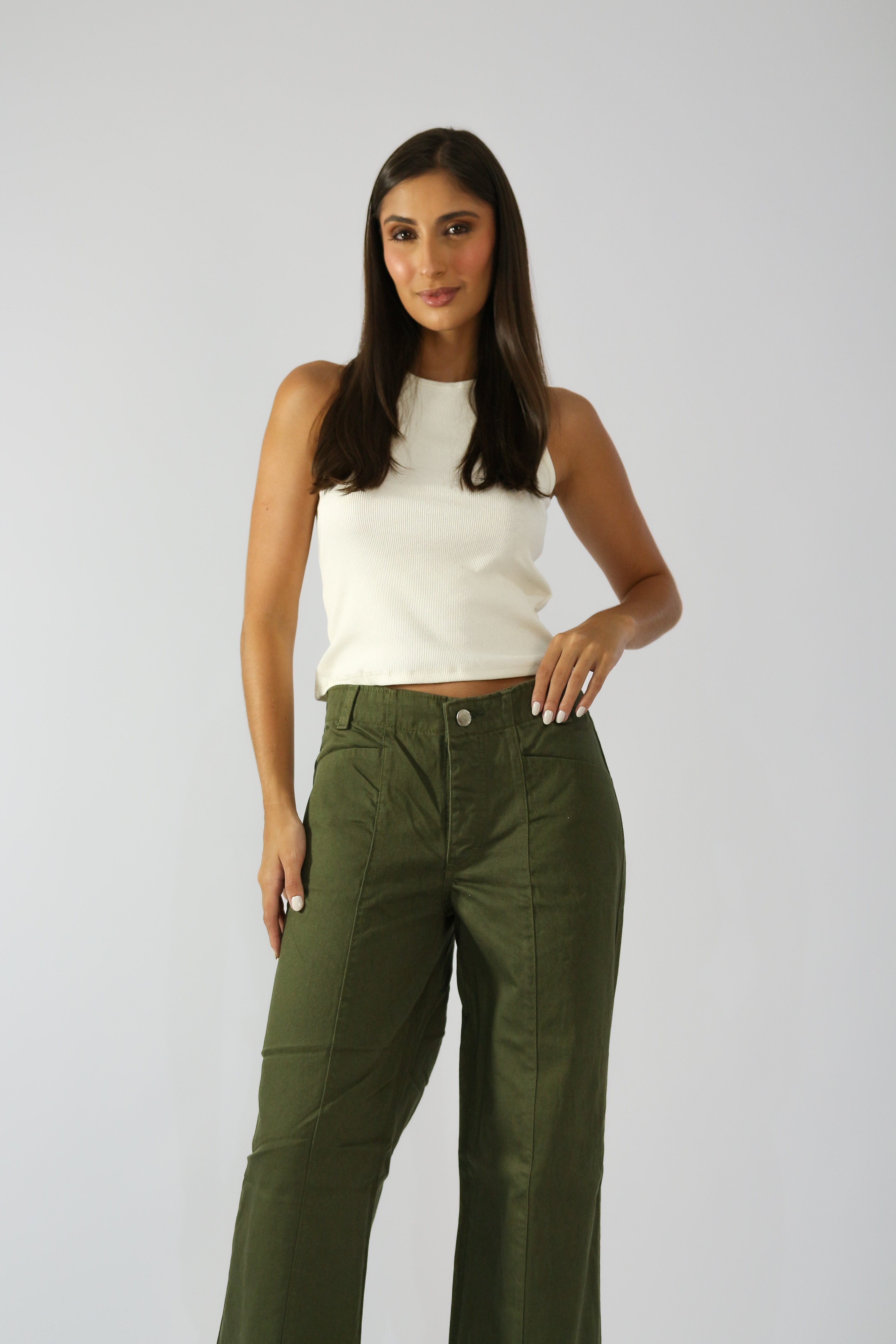 Calça Wide Leg Recorte Frontal Verde Militar