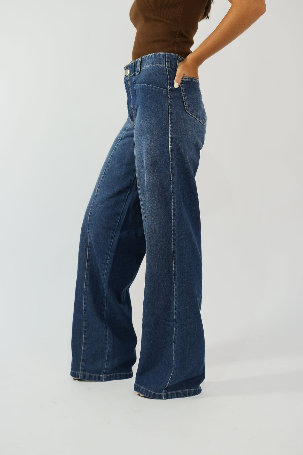 Calça Wide Leg Recorte Fronta Jeans Destroy