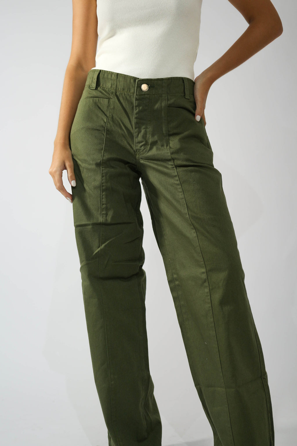 Calça Wide Leg Recorte Frontal Verde Militar